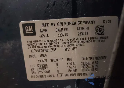 2021 Chevrolet Trailblazer Fwd Lt from USA, damaged, VIN KL79MPS29MB113553